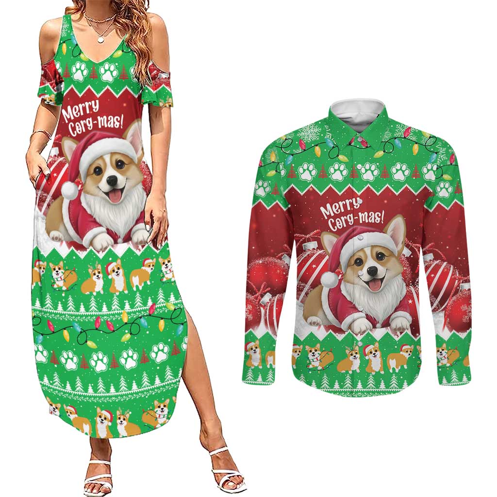 Personalised Wales Corgi Christmas Couples Matching Summer Maxi Dress and Long Sleeve Button Shirt Merry Corg-mas Flag Color - Wonder Print Shop