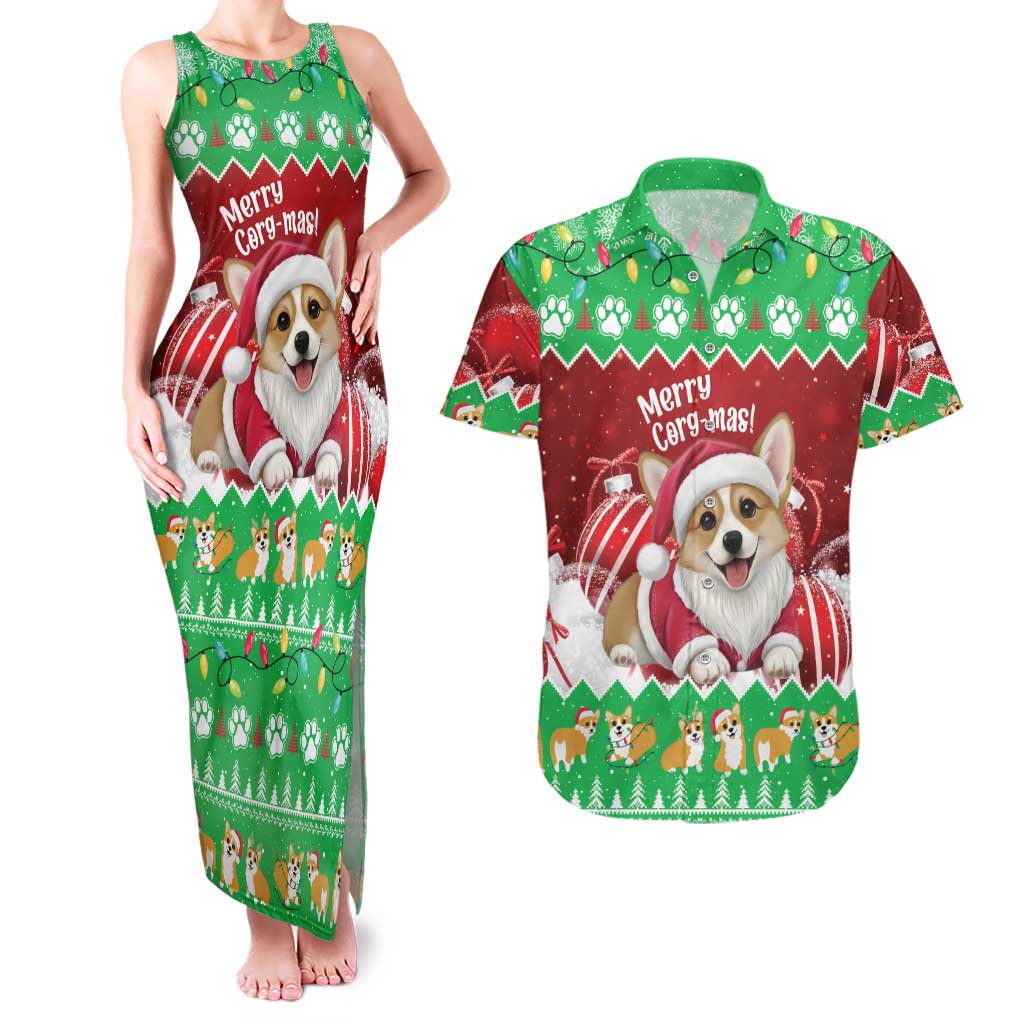 Personalised Wales Corgi Christmas Couples Matching Tank Maxi Dress and Hawaiian Shirt Merry Corg-mas Flag Color - Wonder Print Shop