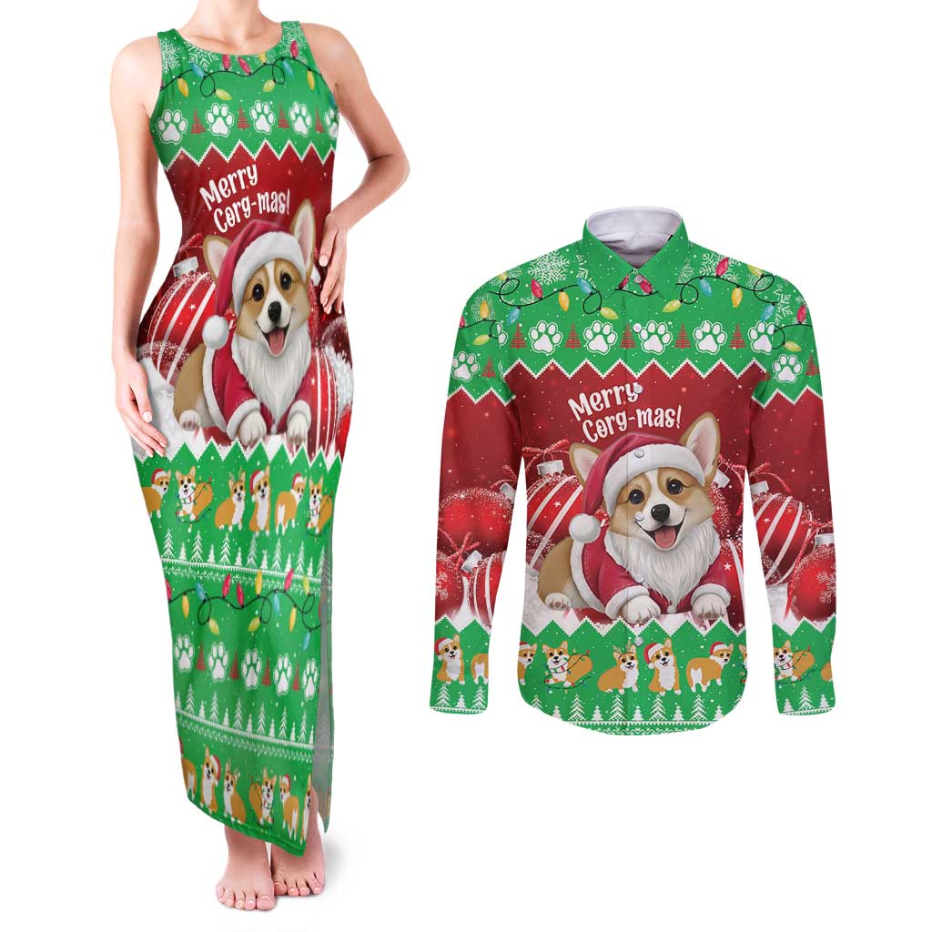 Personalised Wales Corgi Christmas Couples Matching Tank Maxi Dress and Long Sleeve Button Shirt Merry Corg-mas Flag Color - Wonder Print Shop