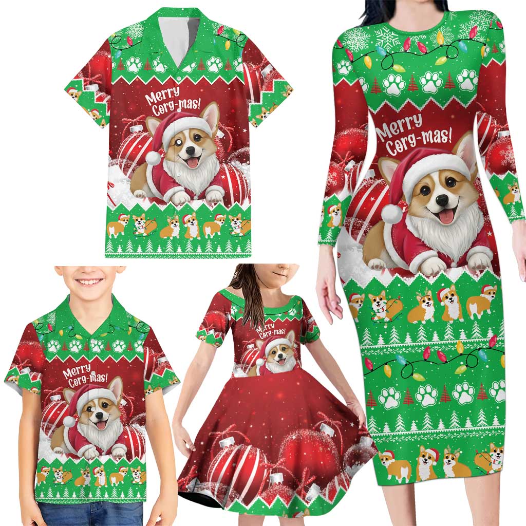 Personalised Wales Corgi Christmas Family Matching Long Sleeve Bodycon Dress and Hawaiian Shirt Merry Corg-mas Flag Color - Wonder Print Shop