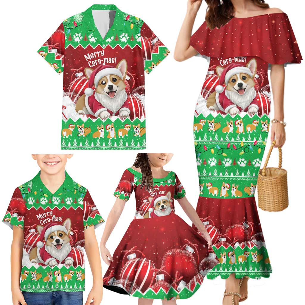 Personalised Wales Corgi Christmas Family Matching Mermaid Dress and Hawaiian Shirt Merry Corg-mas Flag Color - Wonder Print Shop