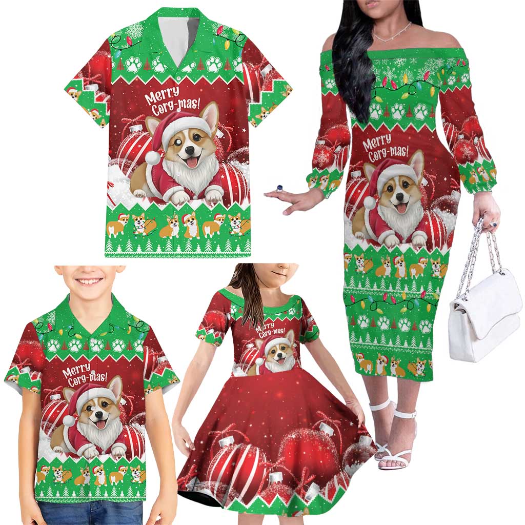 Personalised Wales Corgi Christmas Family Matching Off The Shoulder Long Sleeve Dress and Hawaiian Shirt Merry Corg-mas Flag Color - Wonder Print Shop