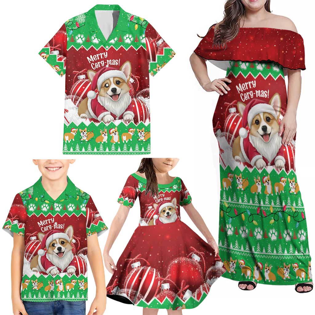 Personalised Wales Corgi Christmas Family Matching Off Shoulder Maxi Dress and Hawaiian Shirt Merry Corg-mas Flag Color - Wonder Print Shop
