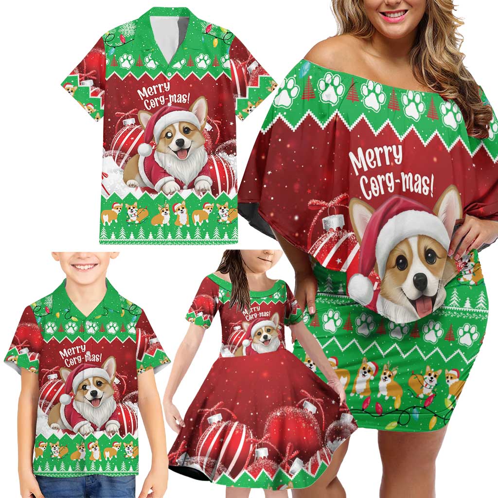 Personalised Wales Corgi Christmas Family Matching Off Shoulder Short Dress and Hawaiian Shirt Merry Corg-mas Flag Color - Wonder Print Shop