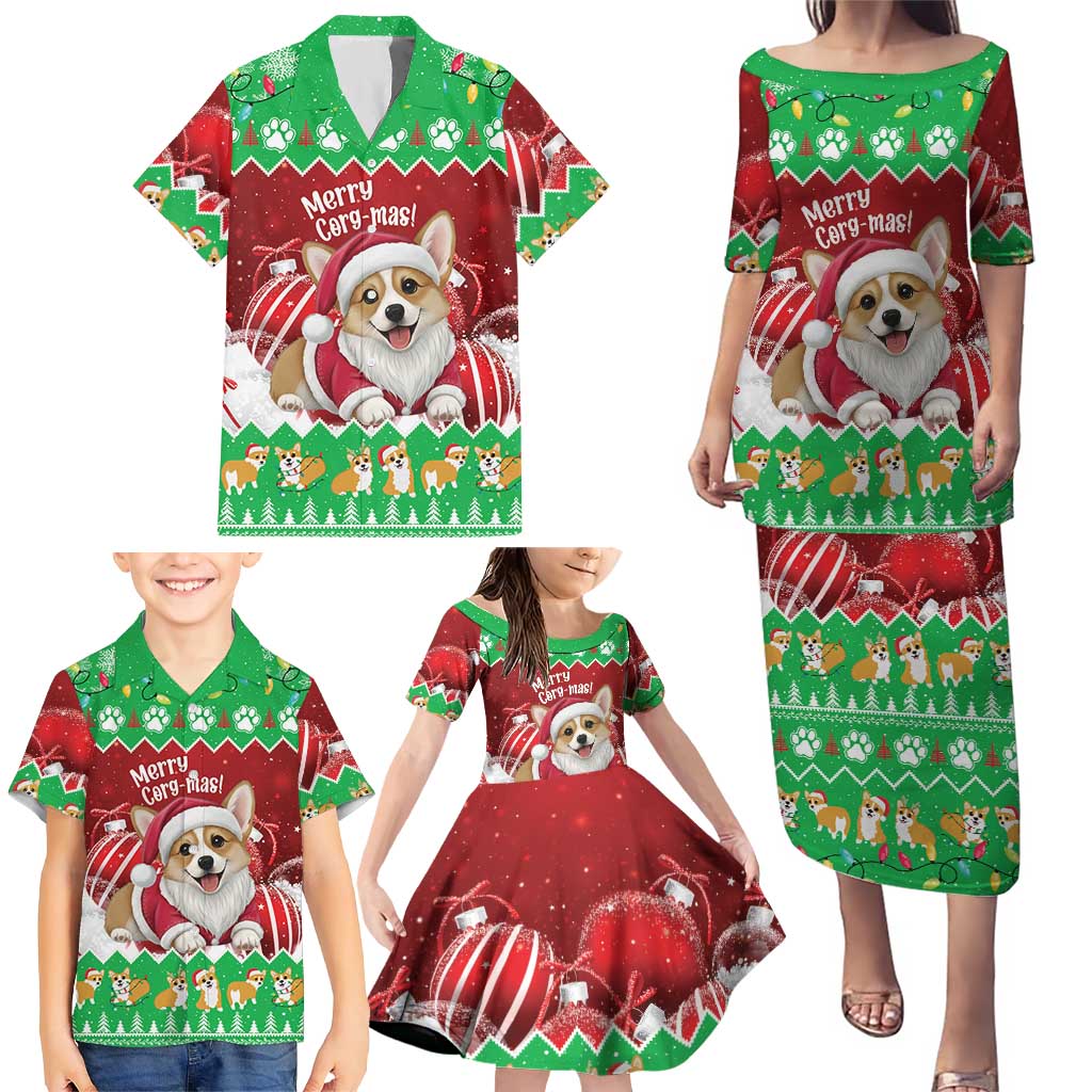 Personalised Wales Corgi Christmas Family Matching Puletasi and Hawaiian Shirt Merry Corg-mas Flag Color - Wonder Print Shop