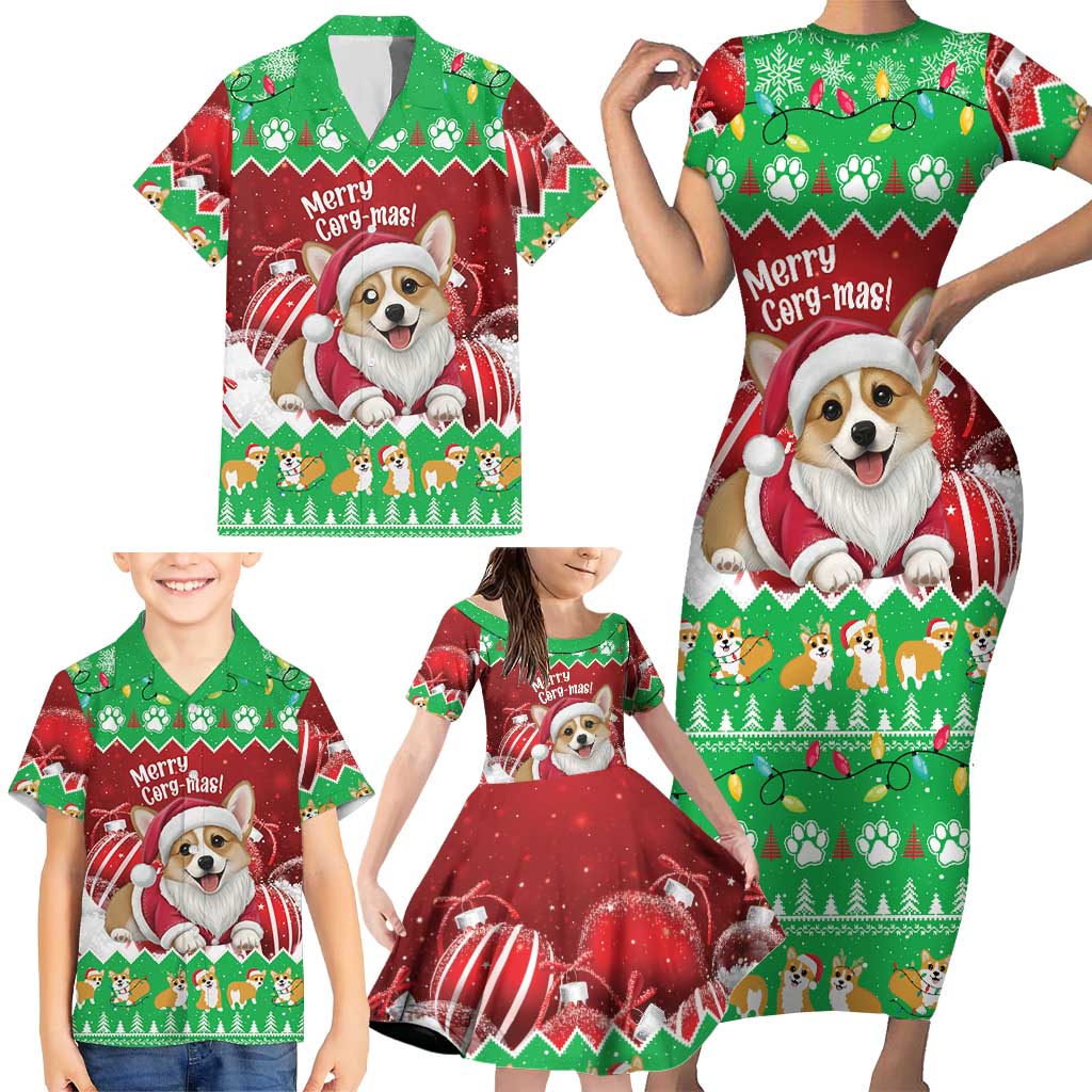 Personalised Wales Corgi Christmas Family Matching Short Sleeve Bodycon Dress and Hawaiian Shirt Merry Corg-mas Flag Color - Wonder Print Shop