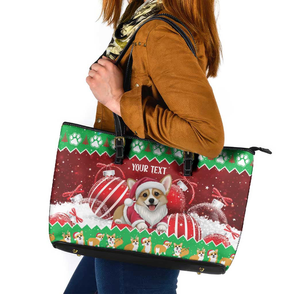 Personalised Wales Corgi Christmas Leather Tote Bag Merry Corg-mas Flag Color - Wonder Print Shop