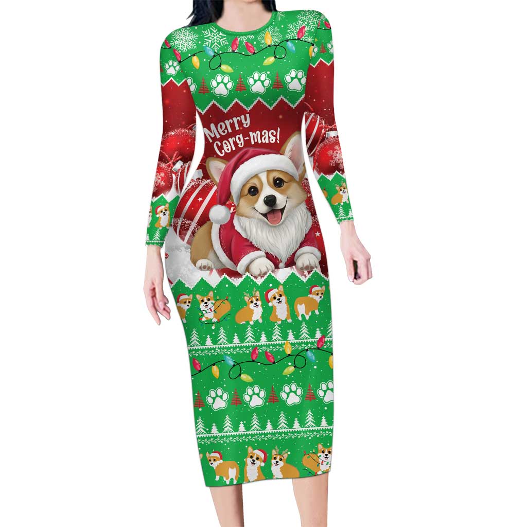Personalised Wales Corgi Christmas Long Sleeve Bodycon Dress Merry Corg-mas Flag Color - Wonder Print Shop