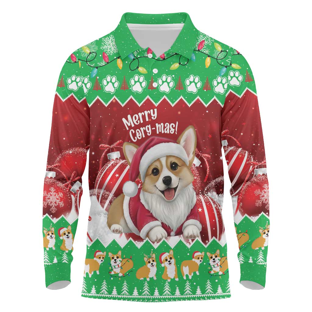 Personalised Wales Corgi Christmas Long Sleeve Polo Shirt Merry Corg-mas Flag Color - Wonder Print Shop