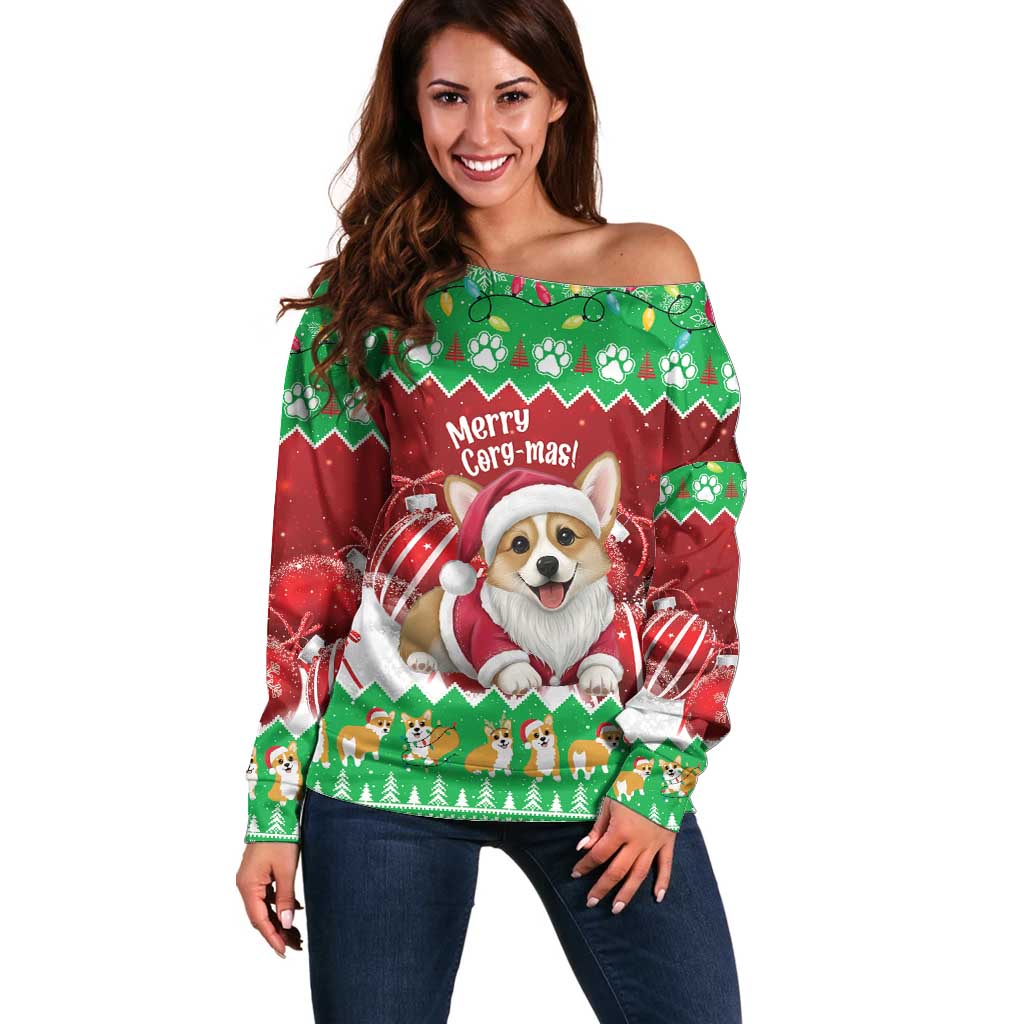 Personalised Wales Corgi Christmas Off Shoulder Sweater Merry Corg-mas Flag Color - Wonder Print Shop