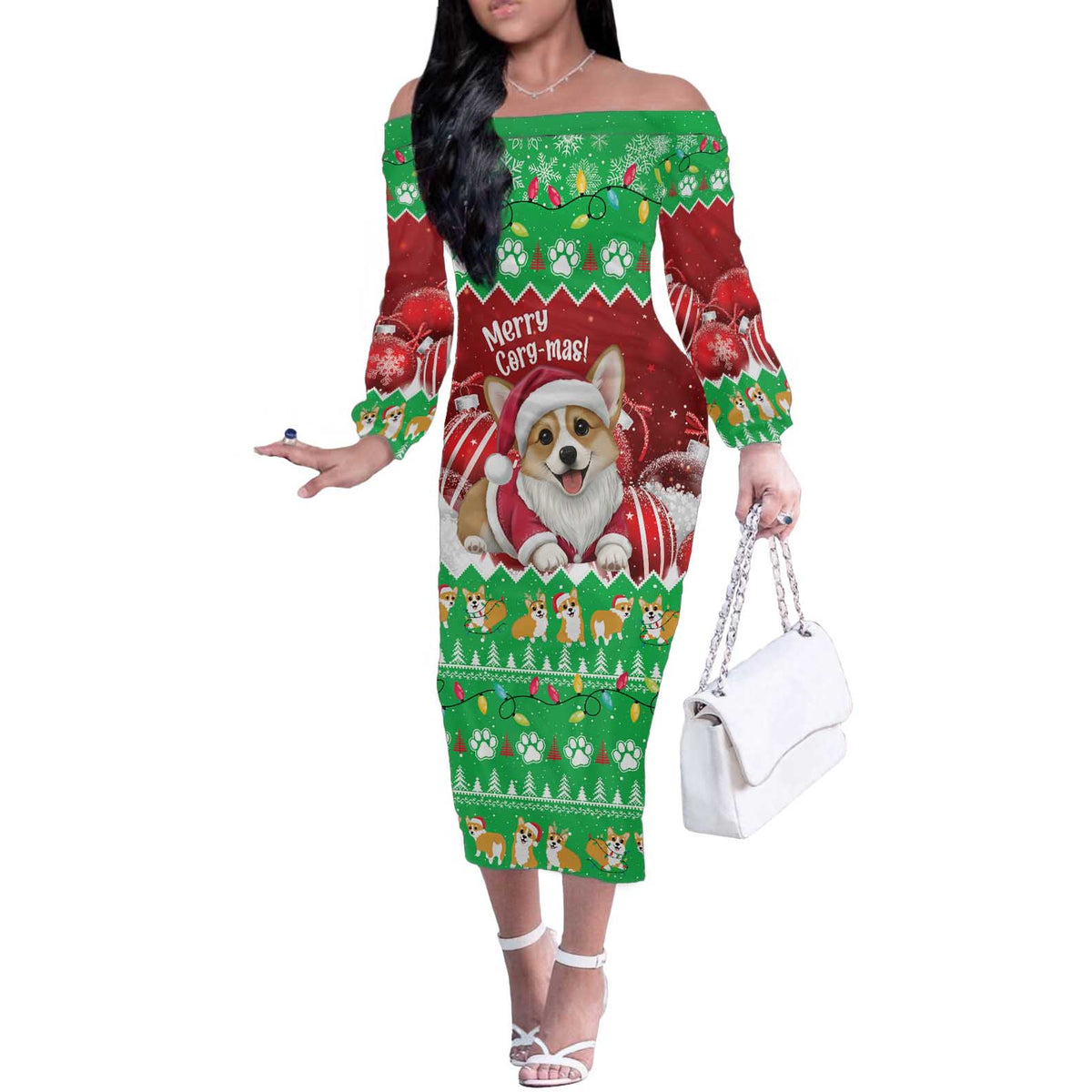 Personalised Wales Corgi Christmas Off The Shoulder Long Sleeve Dress Merry Corg-mas Flag Color - Wonder Print Shop