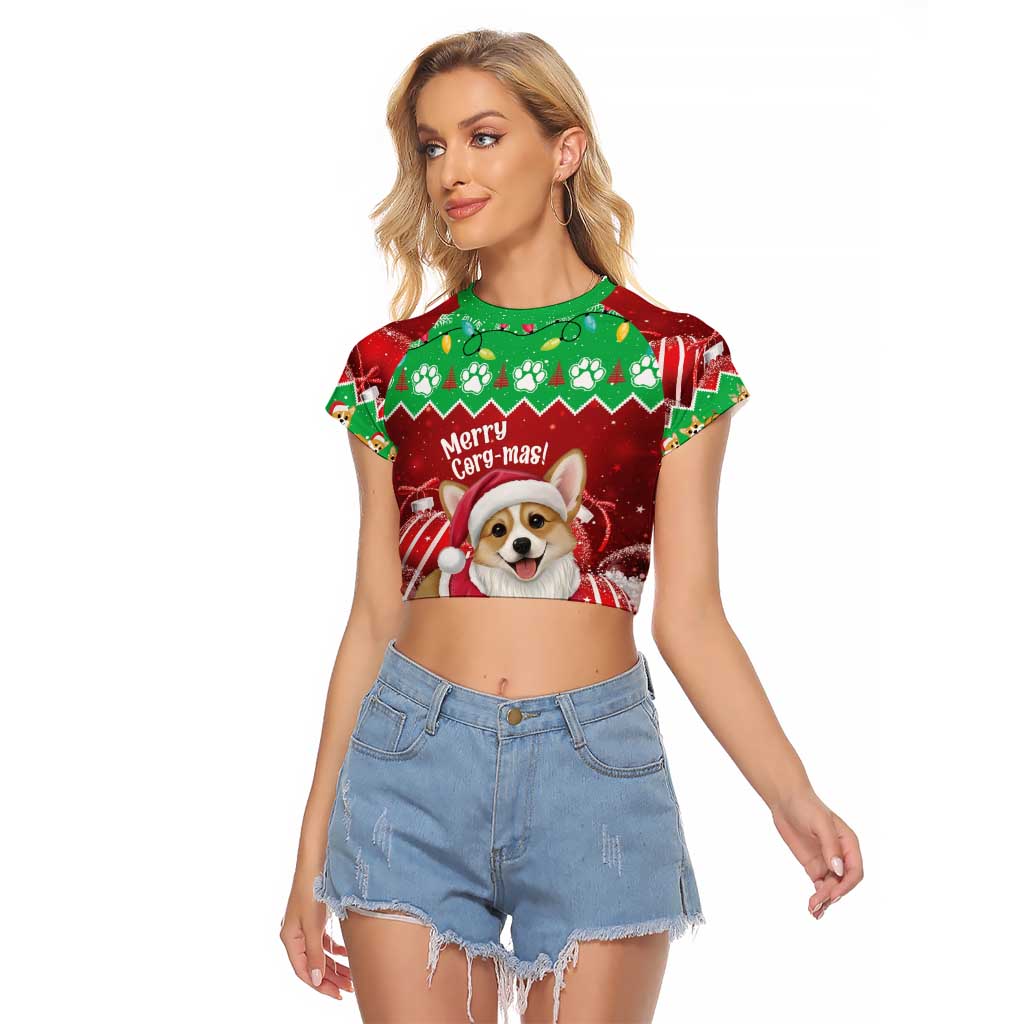 Personalised Wales Corgi Christmas Raglan Cropped T Shirt Merry Corg-mas Flag Color - Wonder Print Shop