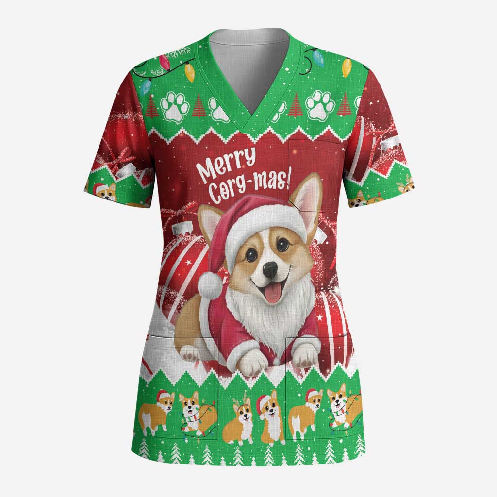 Personalised Wales Corgi Christmas Scrub Top Merry Corg-mas Flag Color - Wonder Print Shop