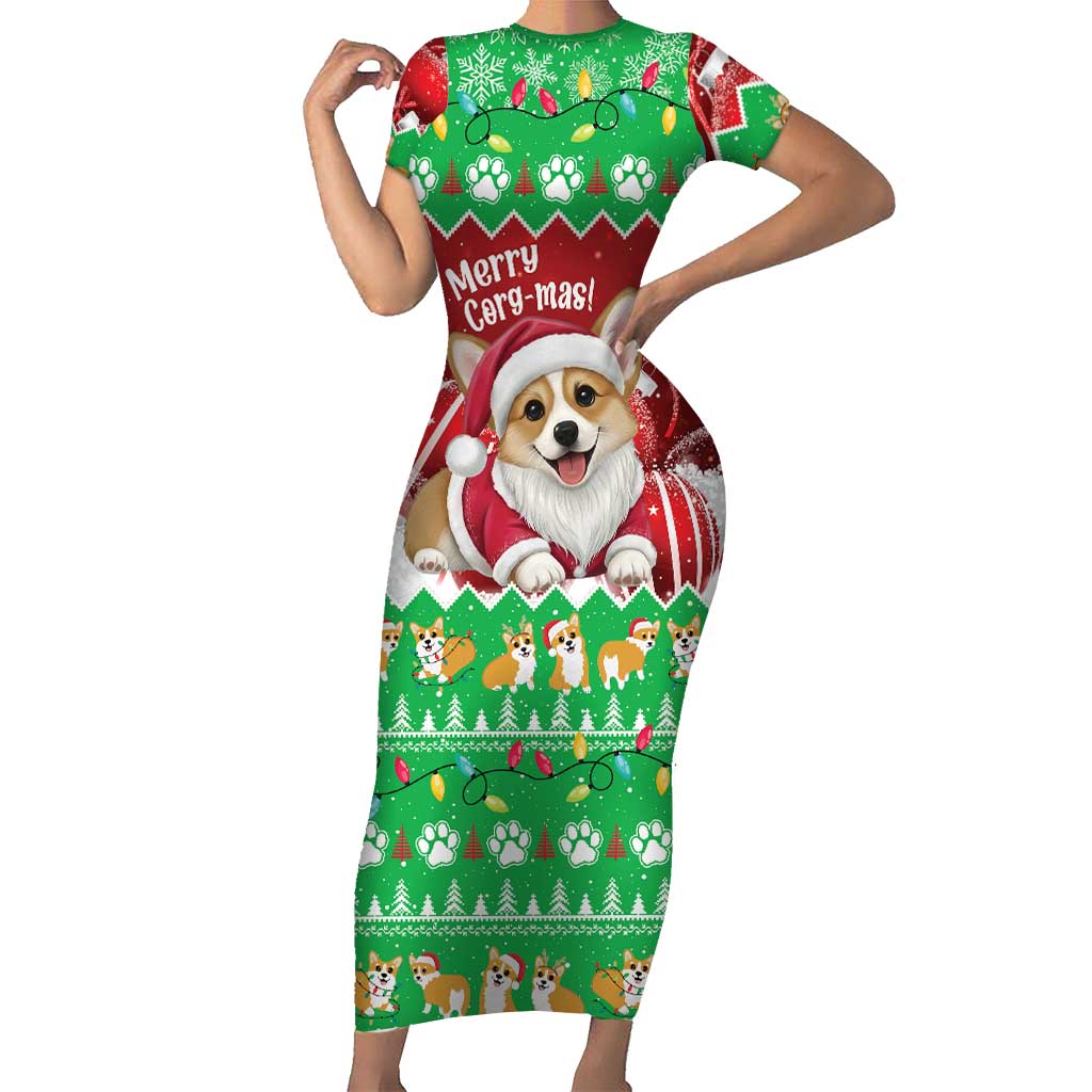 Personalised Wales Corgi Christmas Short Sleeve Bodycon Dress Merry Corg-mas Flag Color - Wonder Print Shop