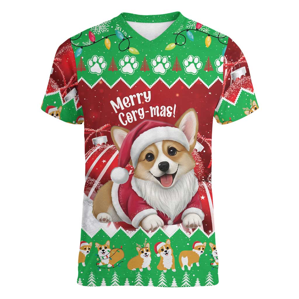 Personalised Wales Corgi Christmas Women V-Neck T-Shirt Merry Corg-mas Flag Color - Wonder Print Shop