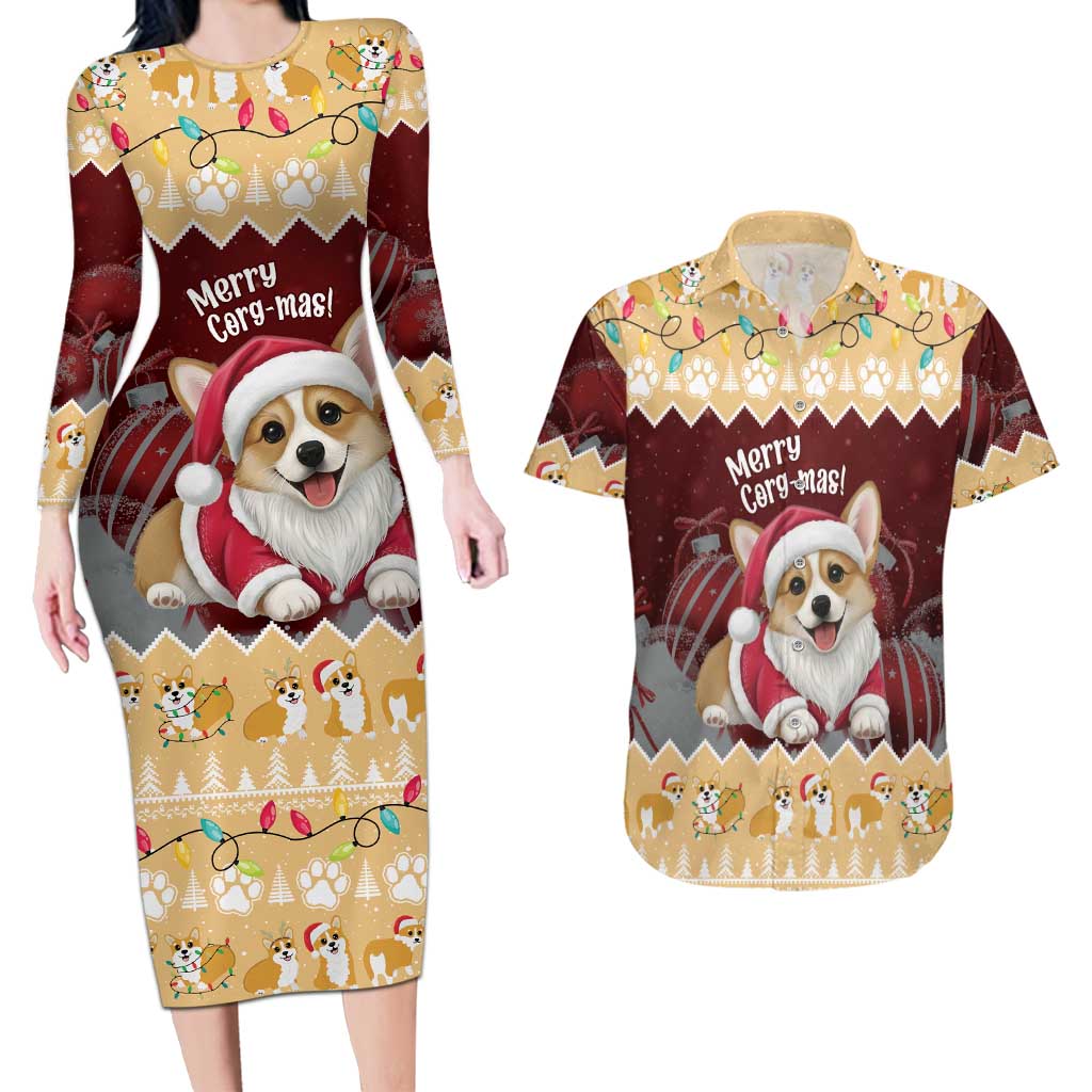 Personalised Wales Corgi Christmas Couples Matching Long Sleeve Bodycon Dress and Hawaiian Shirt Merry Corg-mas Yellow Color - Wonder Print Shop