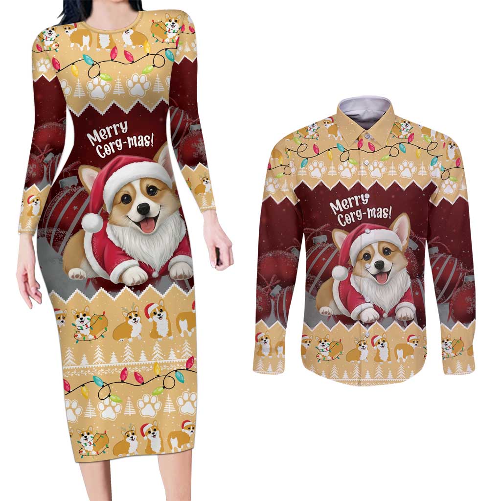 Personalised Wales Corgi Christmas Couples Matching Long Sleeve Bodycon Dress and Long Sleeve Button Shirt Merry Corg-mas Yellow Color - Wonder Print Shop