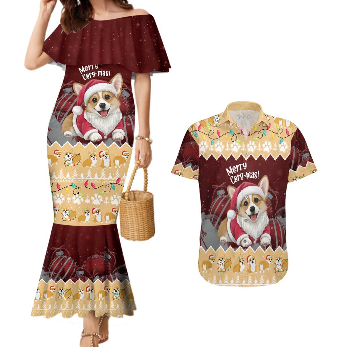 Personalised Wales Corgi Christmas Couples Matching Mermaid Dress and Hawaiian Shirt Merry Corg-mas Yellow Color - Wonder Print Shop
