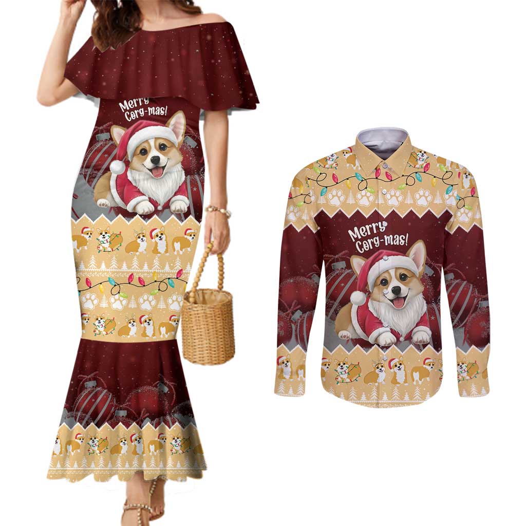 Personalised Wales Corgi Christmas Couples Matching Mermaid Dress and Long Sleeve Button Shirt Merry Corg-mas Yellow Color - Wonder Print Shop