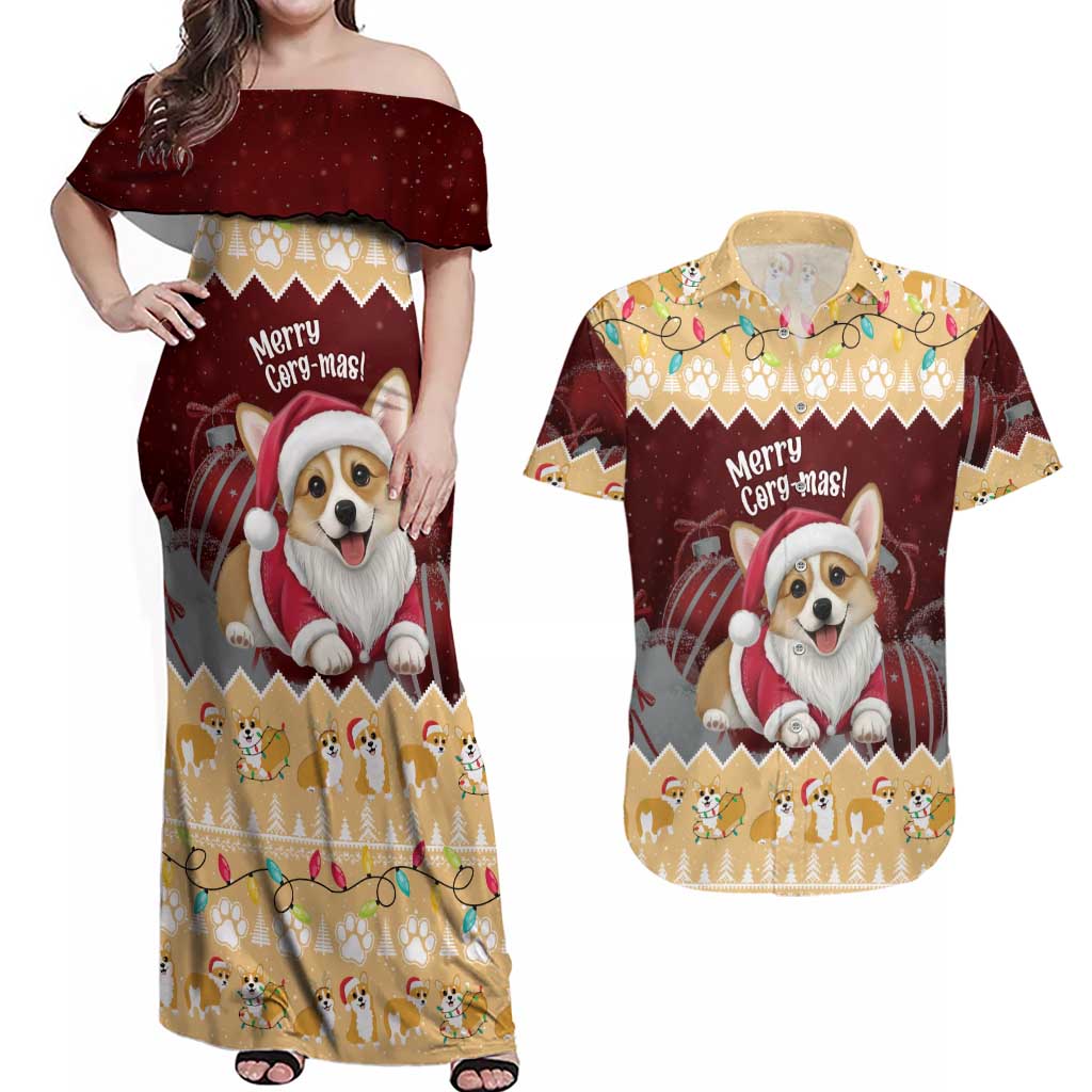 Personalised Wales Corgi Christmas Couples Matching Off Shoulder Maxi Dress and Hawaiian Shirt Merry Corg-mas Yellow Color - Wonder Print Shop