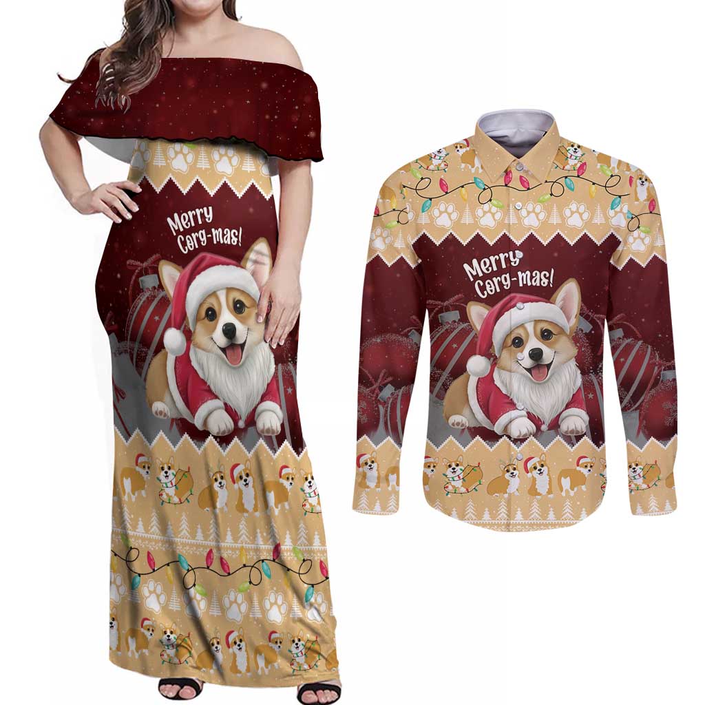Personalised Wales Corgi Christmas Couples Matching Off Shoulder Maxi Dress and Long Sleeve Button Shirt Merry Corg-mas Yellow Color - Wonder Print Shop