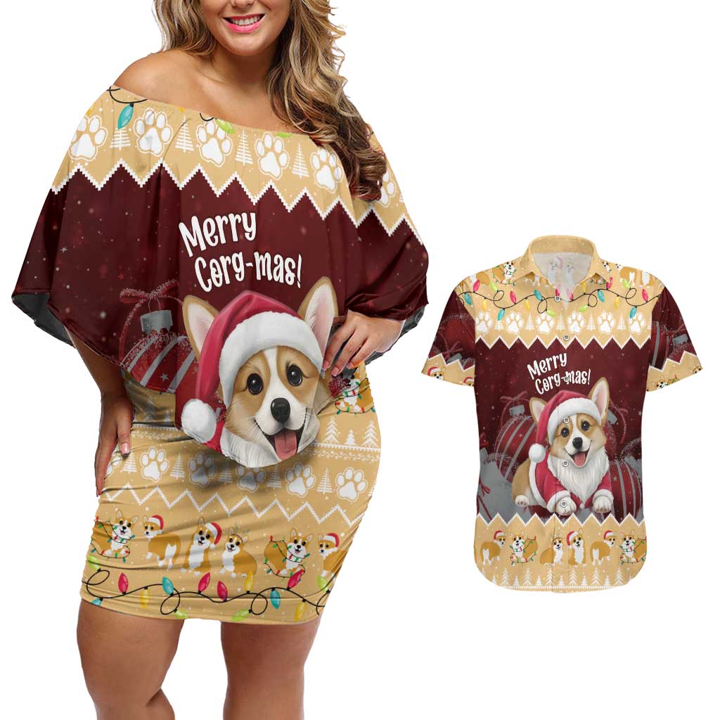 Personalised Wales Corgi Christmas Couples Matching Off Shoulder Short Dress and Hawaiian Shirt Merry Corg-mas Yellow Color - Wonder Print Shop