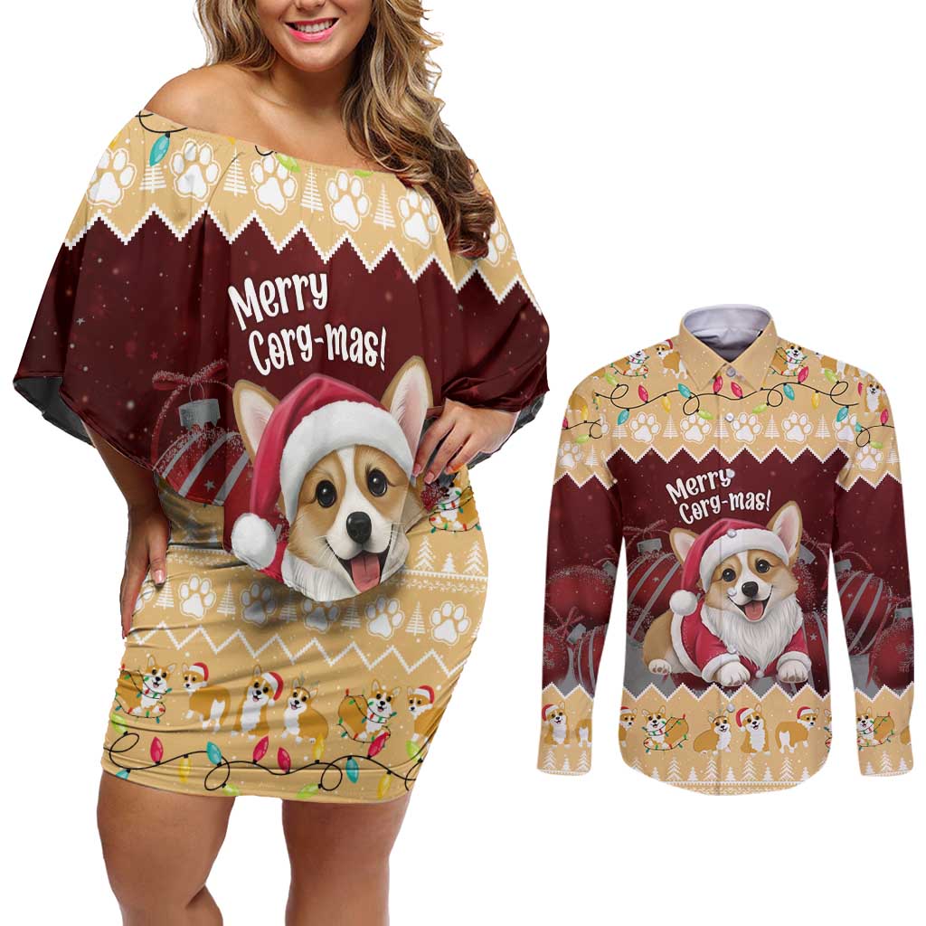 Personalised Wales Corgi Christmas Couples Matching Off Shoulder Short Dress and Long Sleeve Button Shirt Merry Corg-mas Yellow Color - Wonder Print Shop