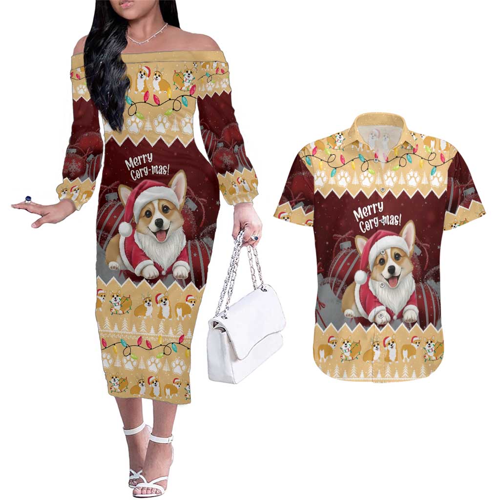Personalised Wales Corgi Christmas Couples Matching Off The Shoulder Long Sleeve Dress and Hawaiian Shirt Merry Corg-mas Yellow Color - Wonder Print Shop