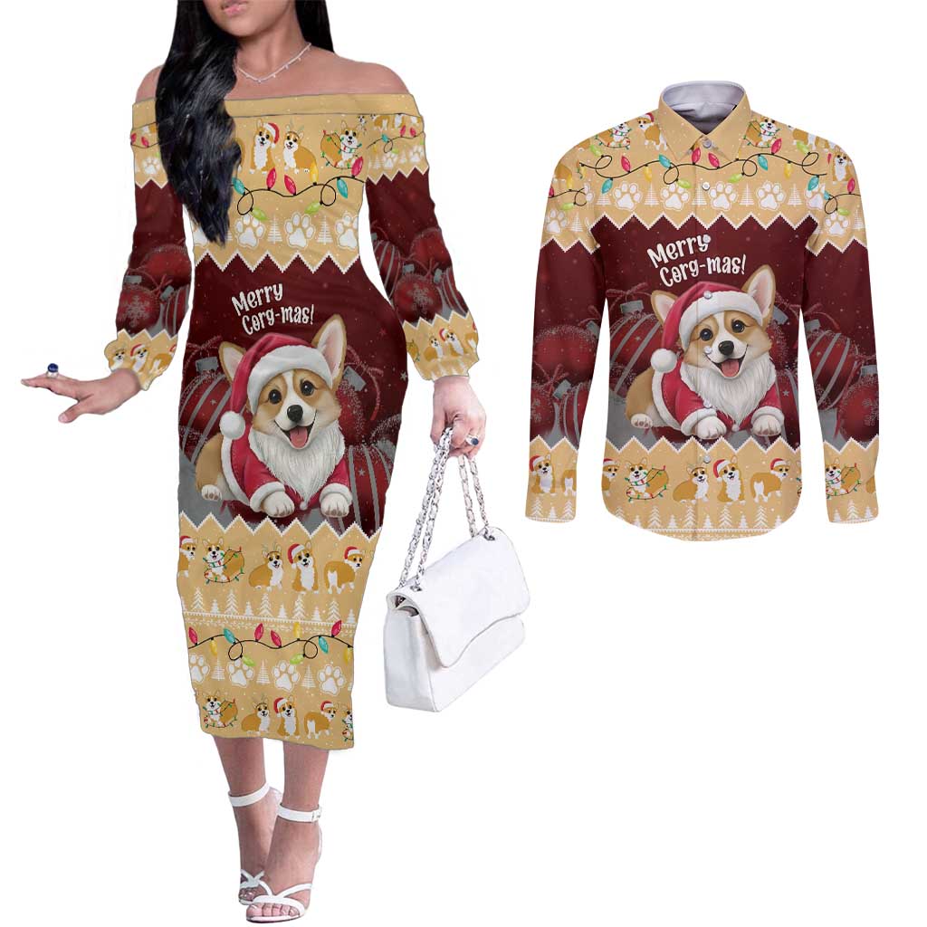 Personalised Wales Corgi Christmas Couples Matching Off The Shoulder Long Sleeve Dress and Long Sleeve Button Shirt Merry Corg-mas Yellow Color - Wonder Print Shop
