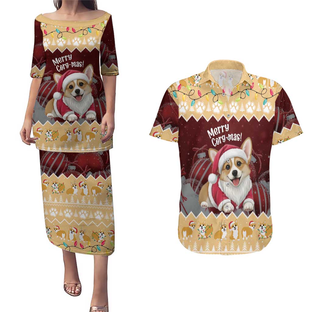 Personalised Wales Corgi Christmas Couples Matching Puletasi and Hawaiian Shirt Merry Corg-mas Yellow Color - Wonder Print Shop