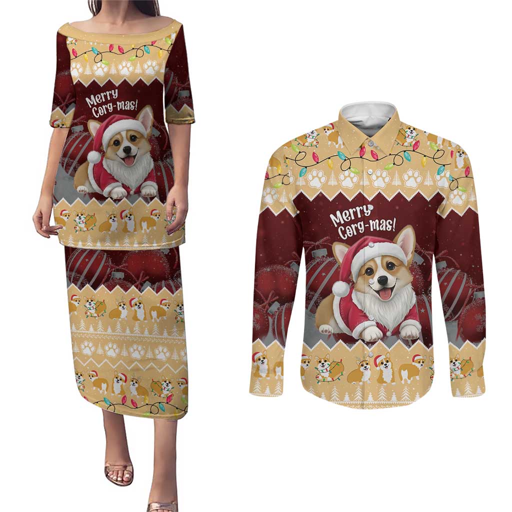 Personalised Wales Corgi Christmas Couples Matching Puletasi and Long Sleeve Button Shirt Merry Corg-mas Yellow Color - Wonder Print Shop