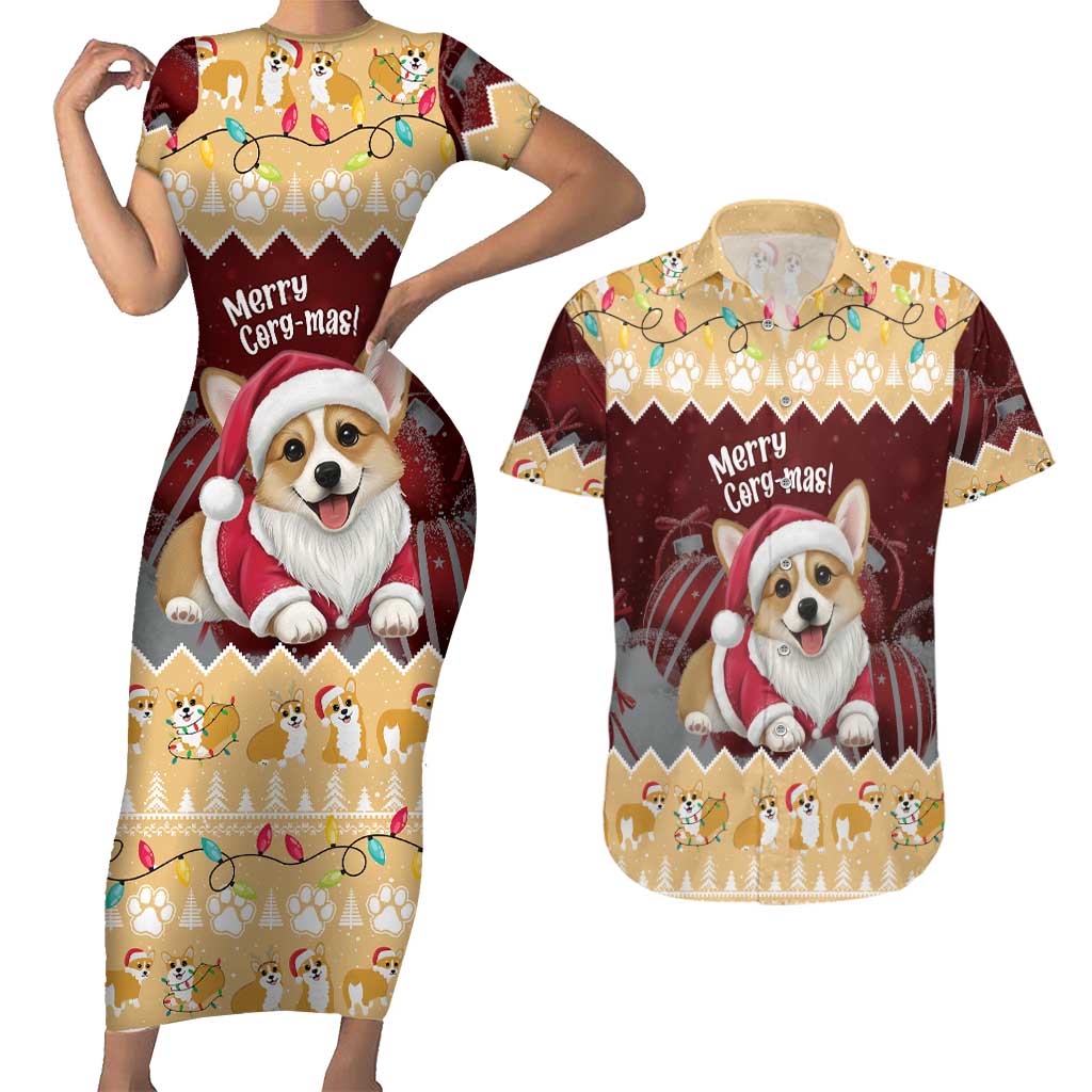 Personalised Wales Corgi Christmas Couples Matching Short Sleeve Bodycon Dress and Hawaiian Shirt Merry Corg-mas Yellow Color - Wonder Print Shop
