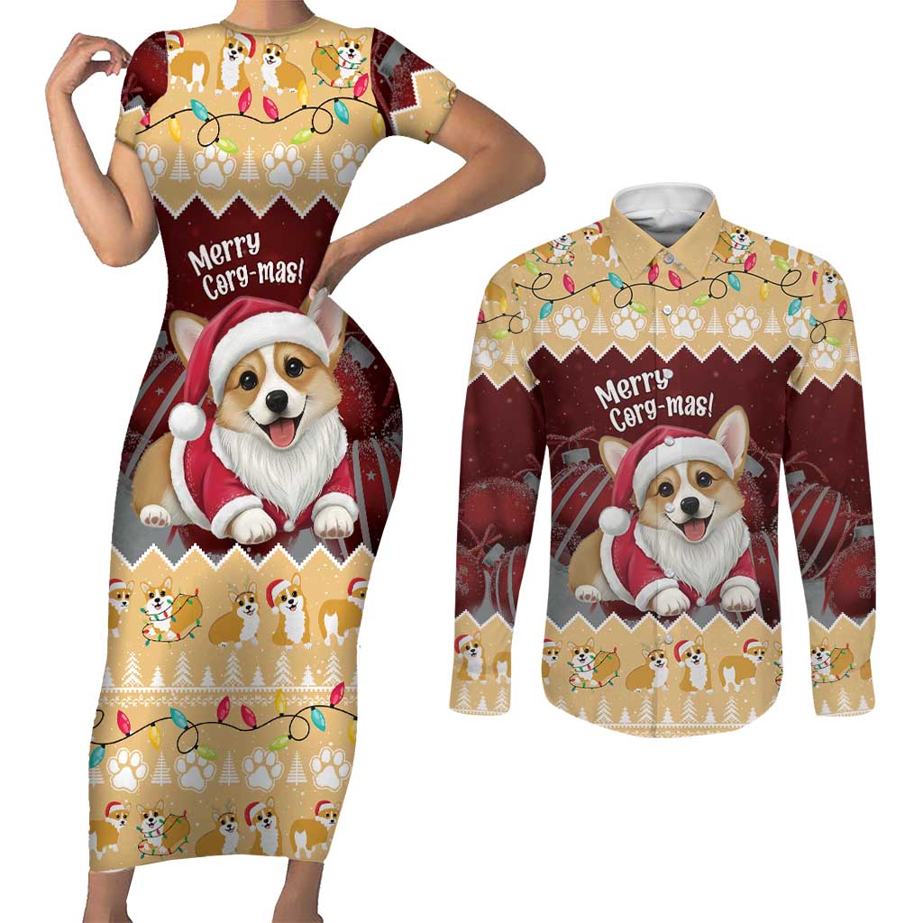 Personalised Wales Corgi Christmas Couples Matching Short Sleeve Bodycon Dress and Long Sleeve Button Shirt Merry Corg-mas Yellow Color - Wonder Print Shop