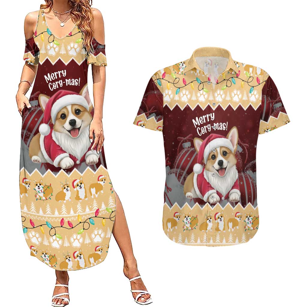 Personalised Wales Corgi Christmas Couples Matching Summer Maxi Dress and Hawaiian Shirt Merry Corg-mas Yellow Color - Wonder Print Shop