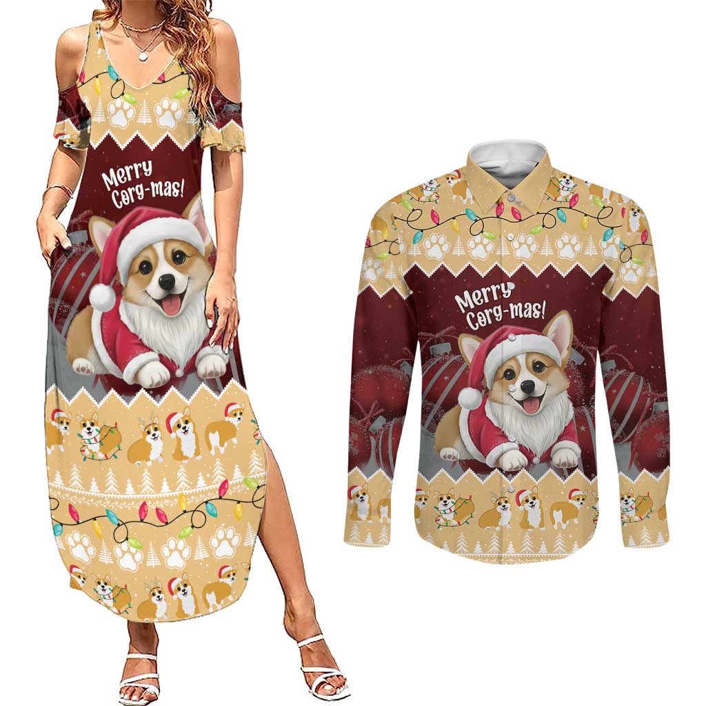 Personalised Wales Corgi Christmas Couples Matching Summer Maxi Dress and Long Sleeve Button Shirt Merry Corg-mas Yellow Color - Wonder Print Shop