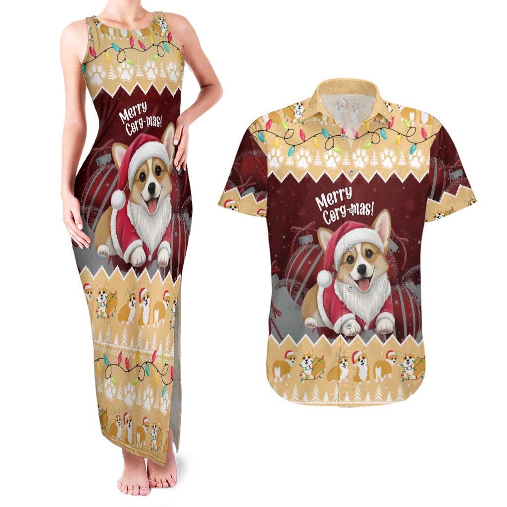Personalised Wales Corgi Christmas Couples Matching Tank Maxi Dress and Hawaiian Shirt Merry Corg-mas Yellow Color - Wonder Print Shop