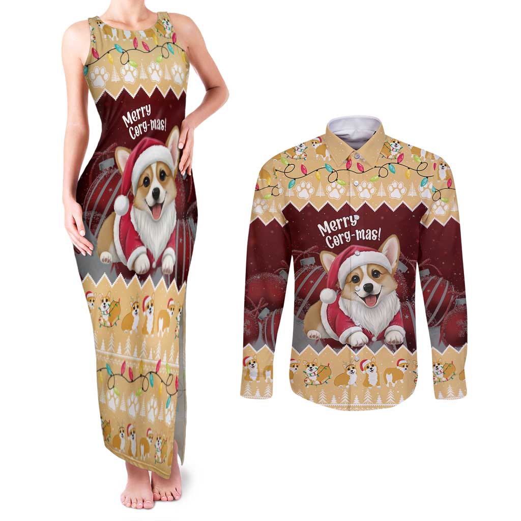 Personalised Wales Corgi Christmas Couples Matching Tank Maxi Dress and Long Sleeve Button Shirt Merry Corg-mas Yellow Color - Wonder Print Shop