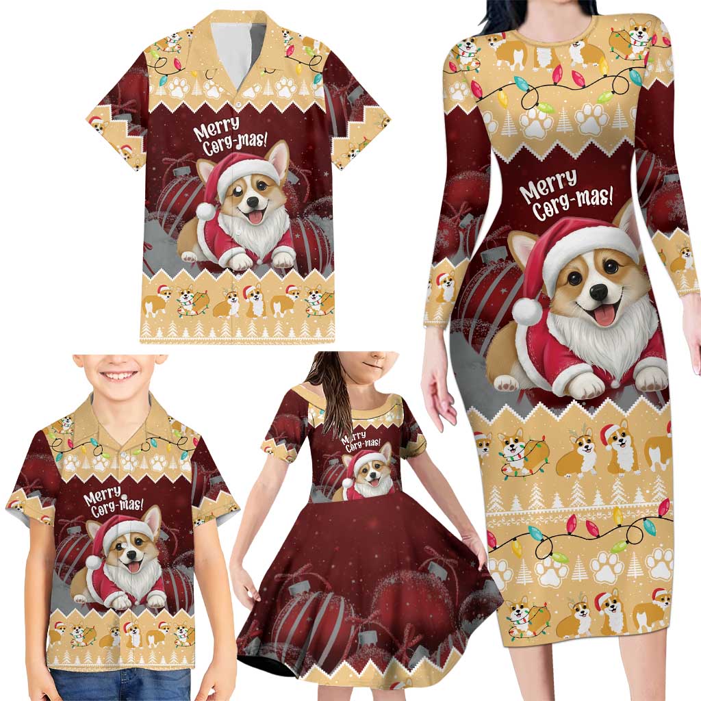 Personalised Wales Corgi Christmas Family Matching Long Sleeve Bodycon Dress and Hawaiian Shirt Merry Corg-mas Yellow Color - Wonder Print Shop