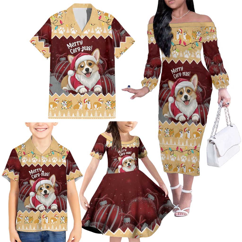 Personalised Wales Corgi Christmas Family Matching Off The Shoulder Long Sleeve Dress and Hawaiian Shirt Merry Corg-mas Yellow Color - Wonder Print Shop