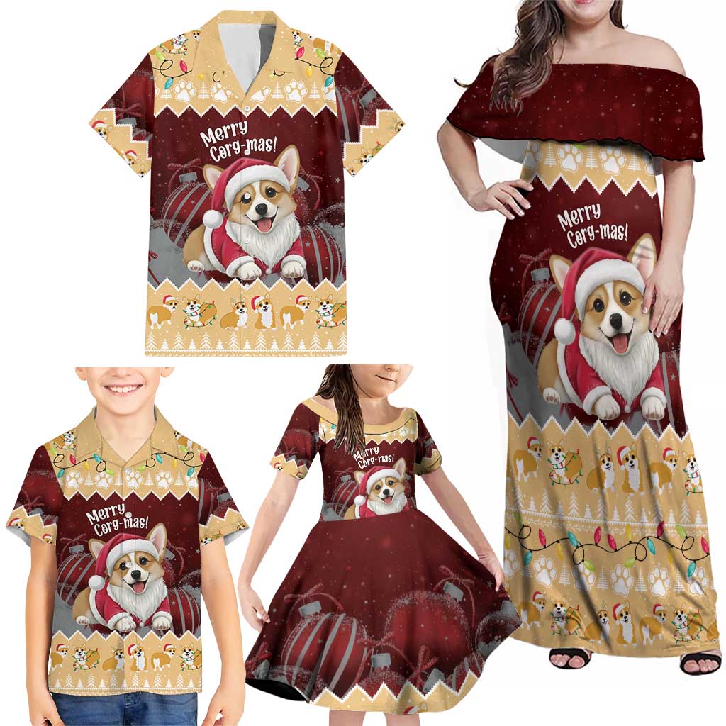 Personalised Wales Corgi Christmas Family Matching Off Shoulder Maxi Dress and Hawaiian Shirt Merry Corg-mas Yellow Color - Wonder Print Shop