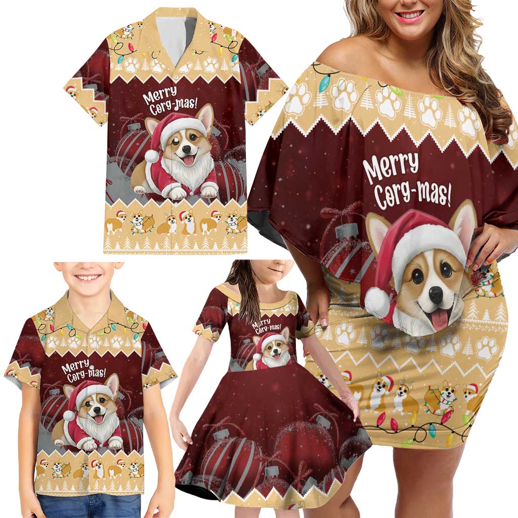 Personalised Wales Corgi Christmas Family Matching Off Shoulder Short Dress and Hawaiian Shirt Merry Corg-mas Yellow Color - Wonder Print Shop