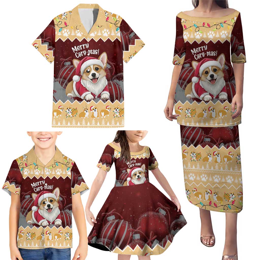 Personalised Wales Corgi Christmas Family Matching Puletasi and Hawaiian Shirt Merry Corg-mas Yellow Color - Wonder Print Shop