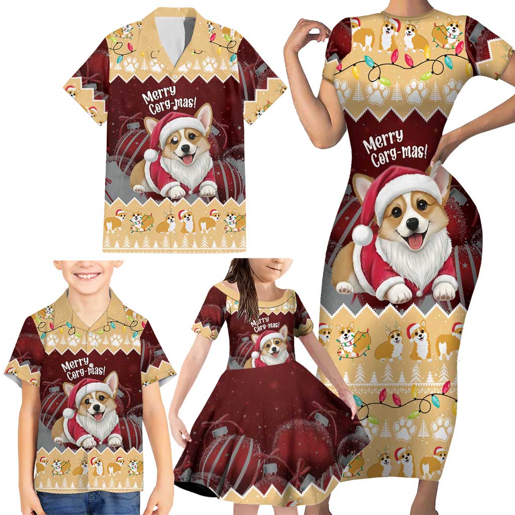Personalised Wales Corgi Christmas Family Matching Short Sleeve Bodycon Dress and Hawaiian Shirt Merry Corg-mas Yellow Color - Wonder Print Shop
