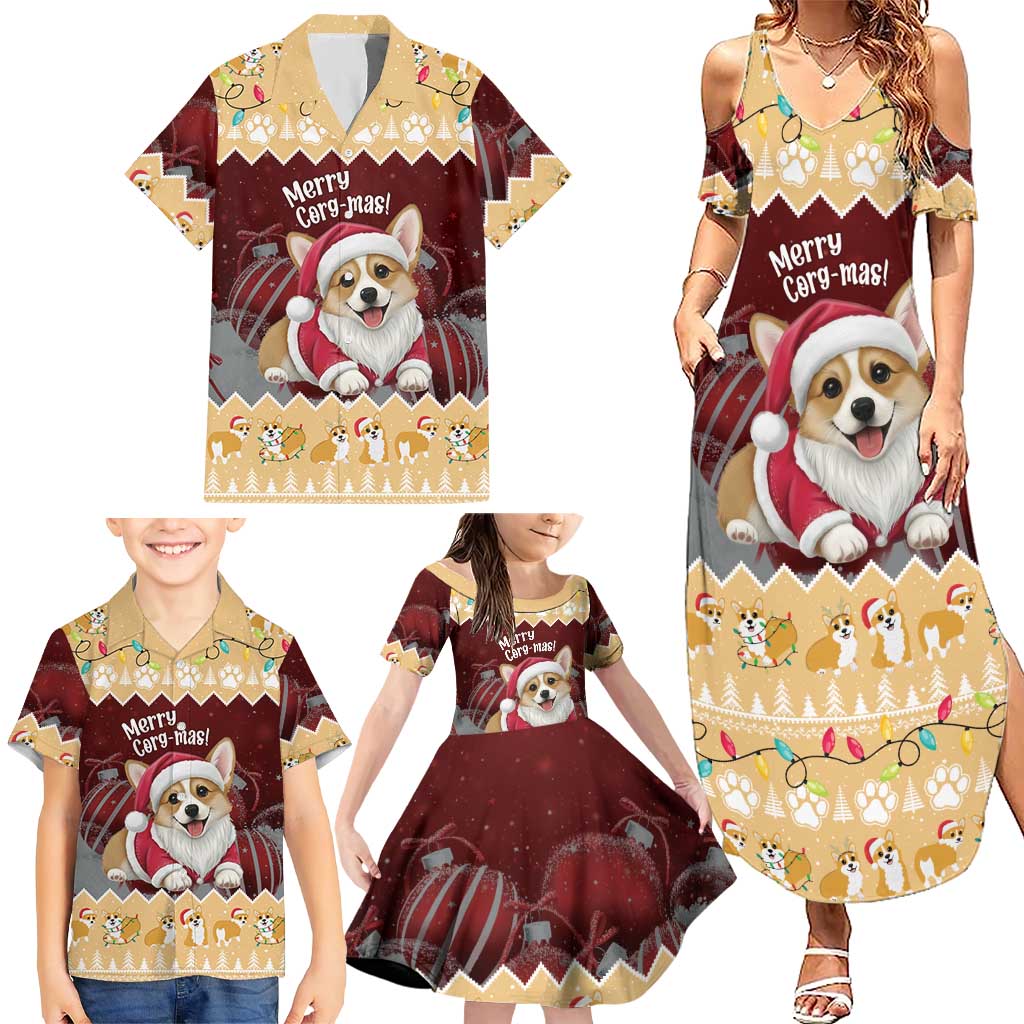 Personalised Wales Corgi Christmas Family Matching Summer Maxi Dress and Hawaiian Shirt Merry Corg-mas Yellow Color - Wonder Print Shop