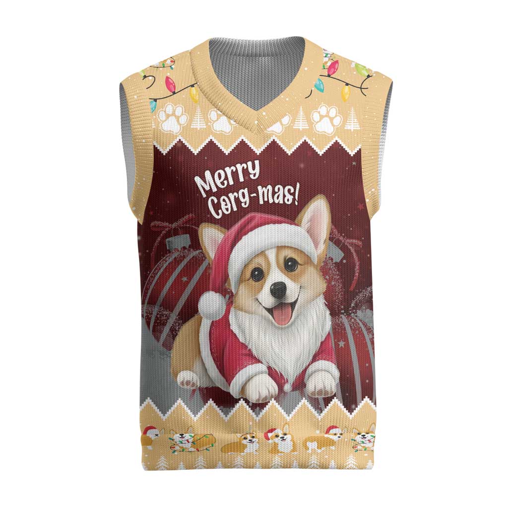 Personalised Wales Corgi Christmas Knitted V-Neck Vest Merry Corg-mas Yellow Color - Wonder Print Shop