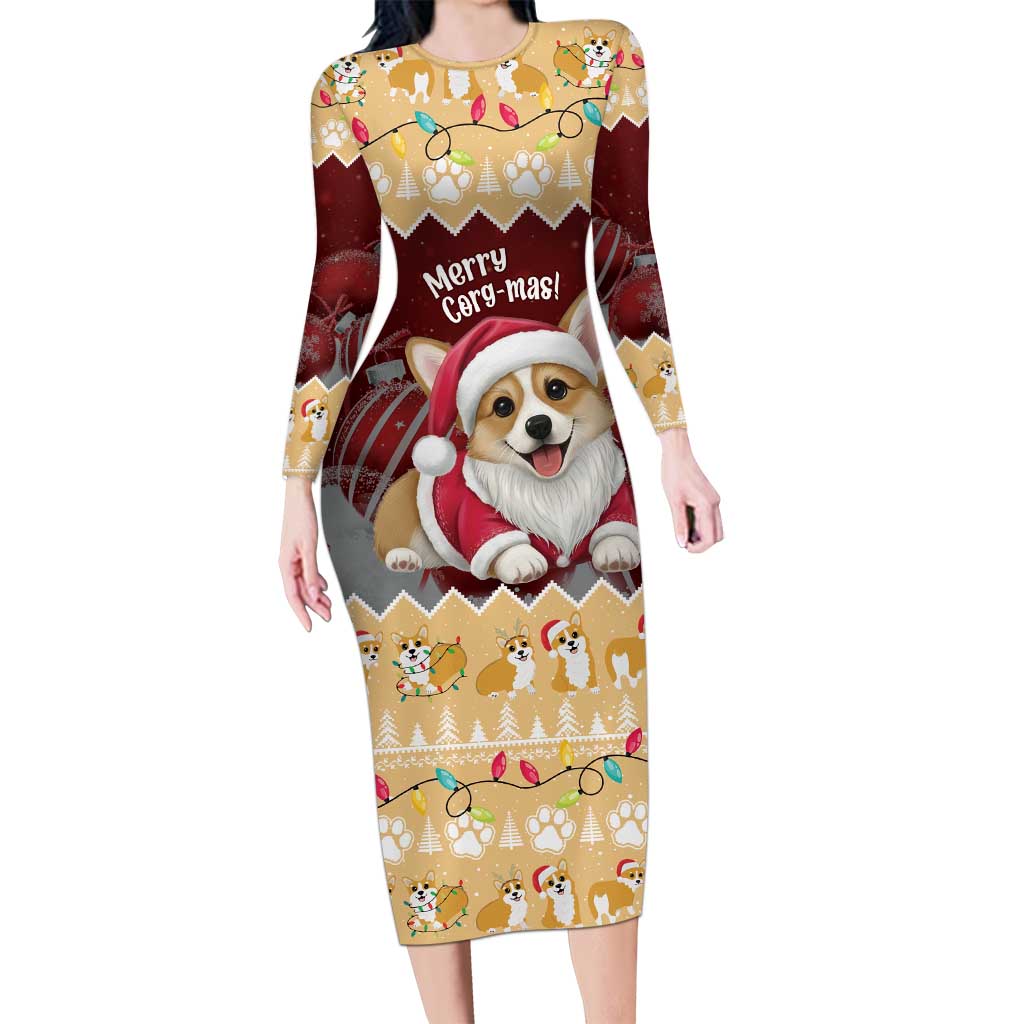 Personalised Wales Corgi Christmas Long Sleeve Bodycon Dress Merry Corg-mas Yellow Color - Wonder Print Shop