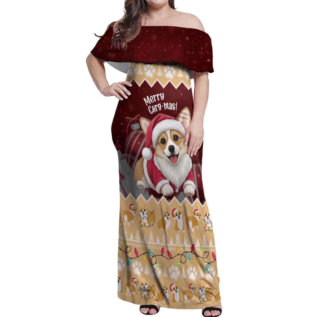 Personalised Wales Corgi Christmas Off Shoulder Maxi Dress Merry Corg-mas Yellow Color - Wonder Print Shop