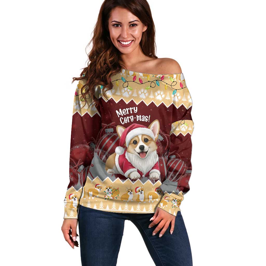 Personalised Wales Corgi Christmas Off Shoulder Sweater Merry Corg-mas Yellow Color - Wonder Print Shop