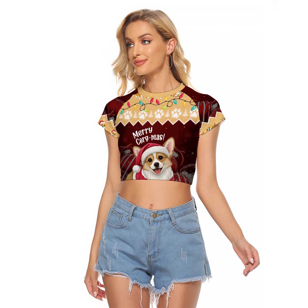 Personalised Wales Corgi Christmas Raglan Cropped T Shirt Merry Corg-mas Yellow Color - Wonder Print Shop