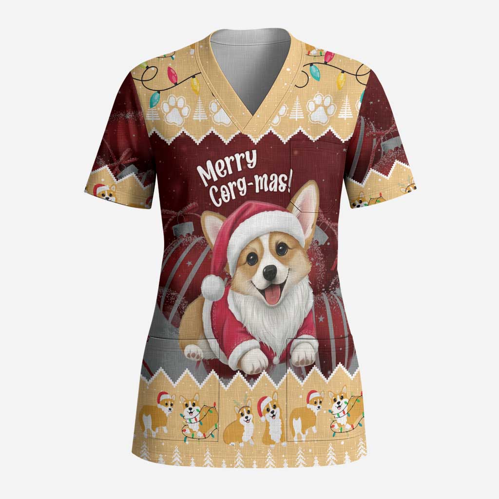 Personalised Wales Corgi Christmas Scrub Top Merry Corg-mas Yellow Color - Wonder Print Shop